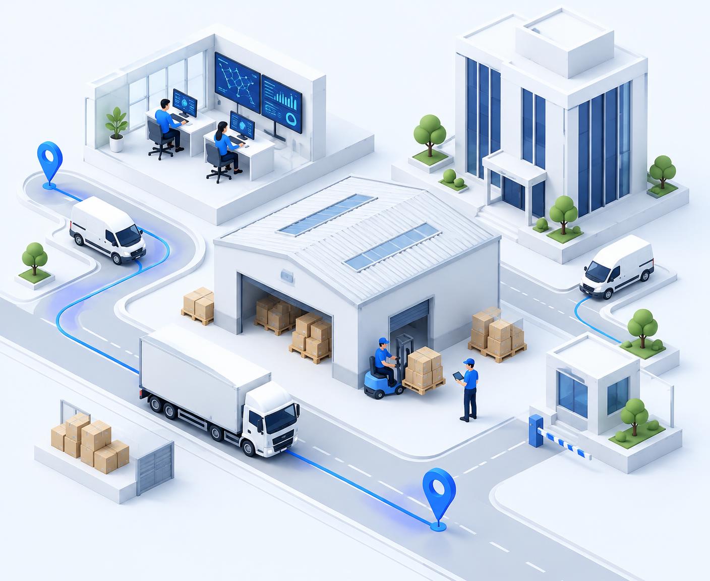 Yuk mashinalari, ombor va bog‘langan yetkazib berish yo‘nalishlari tasvirlangan logistika markazi illyustratsiyasi